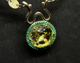 Unique Design: 14k GoldPendant with 14.2ct Lab Created Yellow Sapphire & 60 Emeralds. instant shipping with express post