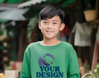 Gildan 18000B Green Sweatshirt Mockup | Child Hoodie Mockup | Diverse kids Mockups | Kid model Mockup | Digital Download
