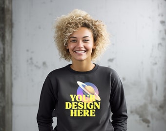 Black Gildan 18000 Sweatshirt Mockup | Female Hoddie Mockup | STUDIO Background | Diverse Mockups | aesthetic mockup | Digital Download