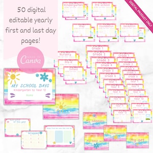 May include: A set of 50 printable first and last day of school pages for kindergarten through year 12. The pages feature a rainbow watercolor background with a sun and clouds. The text "My School Days" is at the top of the page. The pages are editable and can be personalized with the child's name.
