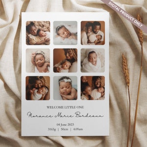 Anúncio de nascimento para um novo bebê, pôster de colagem de fotos, presente sob demanda, modelo de canva, presente de irmão, arte digital, decoração personalizada de foto de família