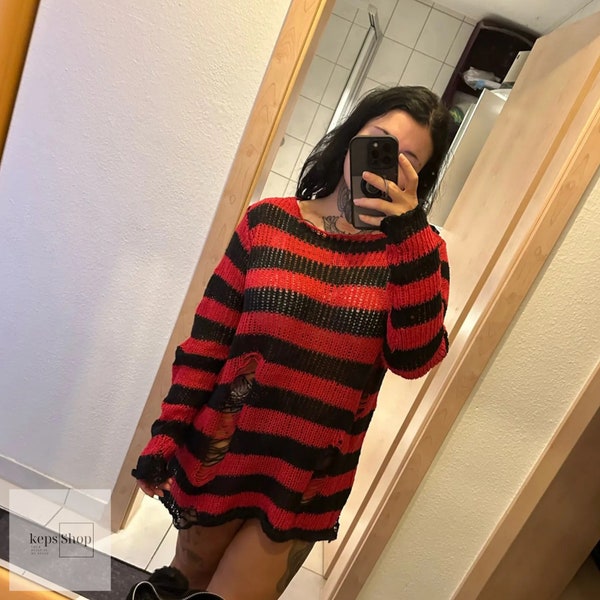 New 2024 Punk Gothic Long Unisex Sweater Summer Women Striped Cool Hollow Out Hole Broken Jumper Loose Rock Thin Dark Streetwear Top