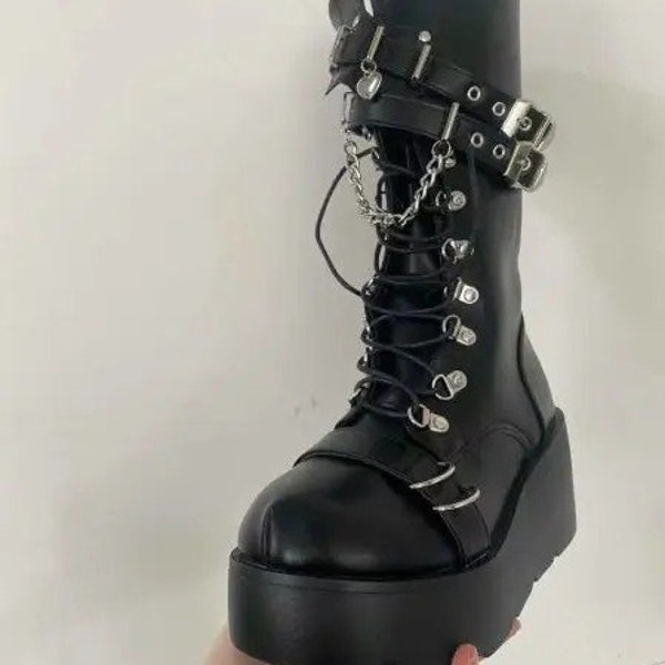 Metal Buckle Chunky Platform Punk Boots Women 2023 Winter Gothic Thick Bottom Knee High Boots Woman Black Wedges Cosplay Shoes
