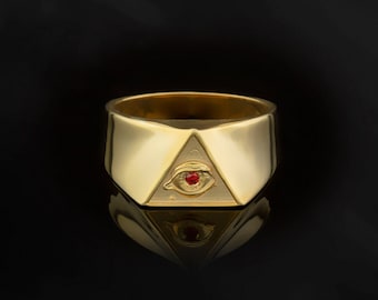 14K Solid Eye of Providence Rings, 18K Gold All-Seeing Eye Rings, 10K Freemasonry Man Ring, Illuminati Eye Ring, Unique Gift For Fathers Day