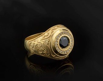 14K Gold Black Diamond Rings For Men, 10K Pinky Finger Ring, Gifts For Husband, Diamond Wedding Rings For Groom, Unique Gift For Fathers Day