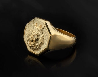 14K Gold Lion Head Rings For Men, 18K King&#39;s Crown Lion Ring, Gifts For Husband, 10K Pinky Finger Rings For Men, Unique Gift For Fathers Day