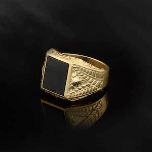 14K Gold Rectangle Black Onyx Ring, Gifts For Father, 18K Gold Onyx Rings For Men, Anniversary Gift For Husband, Unique Gift For Fathers Day