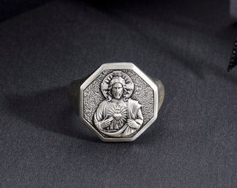 Sacred Heart Jesus Ring, Sterling Silver Christian Jewelry