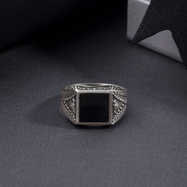 Zilveren vierkante onyx ring, zwarte onyx ring, unieke bruiloft verlovingsring voor mannen, jubileumcadeau voor man, beste cadeaus voor vaderdag