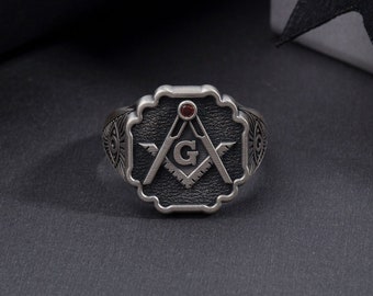 Freimaurer Silber Masonic Ring, Kompass und Auge Symbol, Granat Zirkon