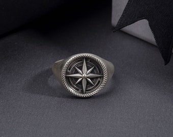 Oxidized Silver Compass Rings For Men, Nautical Compass Ring, Gift for Boyfriends, Meaningful Gift For Marines, Unique Gift For Fathers Day