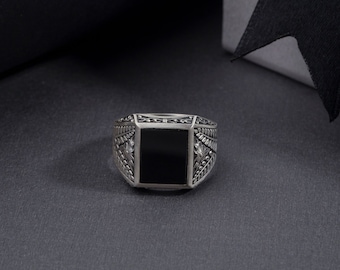Rectangle Black Onyx Ring, 925 Sterling Silver, Men's Signet