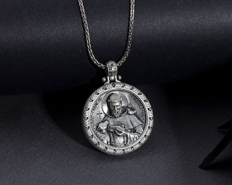 Saint Francis Necklace, Oxidized Silver St Francis Pendant, St Francis Savior Amulet, Unique Religious Jewelry, Unique Gift For Fathers Day