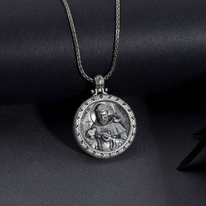 Saint Francis Necklace, Oxidized Silver St Francis Pendant, St Francis Savior Amulet, Unique Religious Jewelry, Unique Gift For Fathers Day