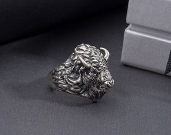 Sterling Silver Buffalo Ring, American Bison Ring, Oxidized Silver Buffalo Head Ring, Custom Made Gift For Men, Best Gifts For Father's Day