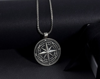 Sterling Silver Compass Necklace, North Star Compass Pendant For Woman, Compass Silver Necklace For Sailor Men, Best Gifts For Father's Day