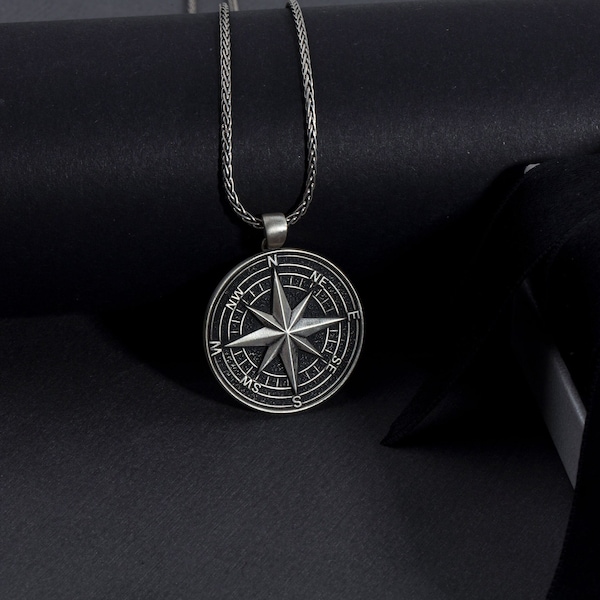 Sterling Silver Compass Necklace, North Star Compass Pendant For Woman, Compass Silver Necklace For Sailor Men, Valentine's Day Gift For Men