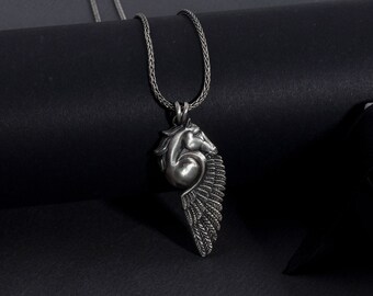 Oxidized Sterling Silver Pegasus Necklace, Greek Mythology Jewelry