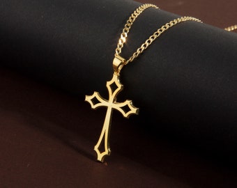 14K Solid Gold Cross Cuban Chain Necklace, Religious Pendant