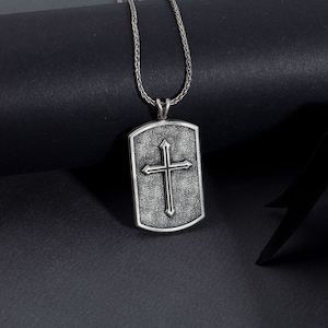 Oxidized Sterling Silver Cross Dog Tag Necklace, Military Pendant
