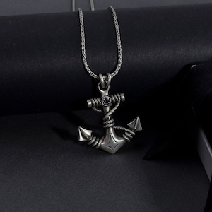 Mariner Men&#39;s Anchor Pendants, Nautical Necklace With Sapphire, Sterling Silver Anchor Necklaces for Fisherman, Unique Gift For Fathers Day