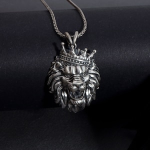 Sterling Silver Lion King Necklace, Animal Jewelry For Men, Oxidized Crowned Lion Head Pendant, Big Cat Charms, Unique Gift For Fathers Day