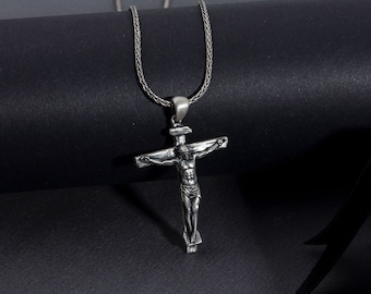 Oxidized Sterling Silver Crucifix Necklace, Religious Pendant
