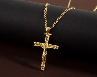 Solid Gold Cross Necklaces For Men, 14K Cross Necklaces For Women, Crucifix Pendants, Unisex Religious Jewelry, Unique Gift For Fathers Day