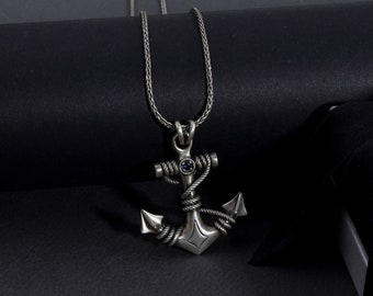 Mariner Men's Anchor Pendants, Nautical Necklace With Sapphire, Sterling Silver Anchor Necklaces for Fisherman, Valentine's Day Gift For Men