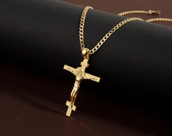 18K Gold Cross Necklaces For Men, 14K Gold Crucifix With Gourmet Chain, Necklaces For Women, Religious Jewelry, Unique Gift For Fathers Day