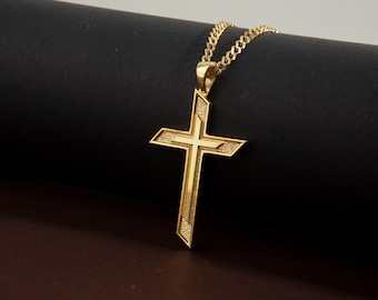 18K Gold Modern Cross Necklaces, 14K Gold Crucifix Pendant With Curb Chain Necklaces, Unisex Religious Jewelry, Unique Gift For Fathers Day