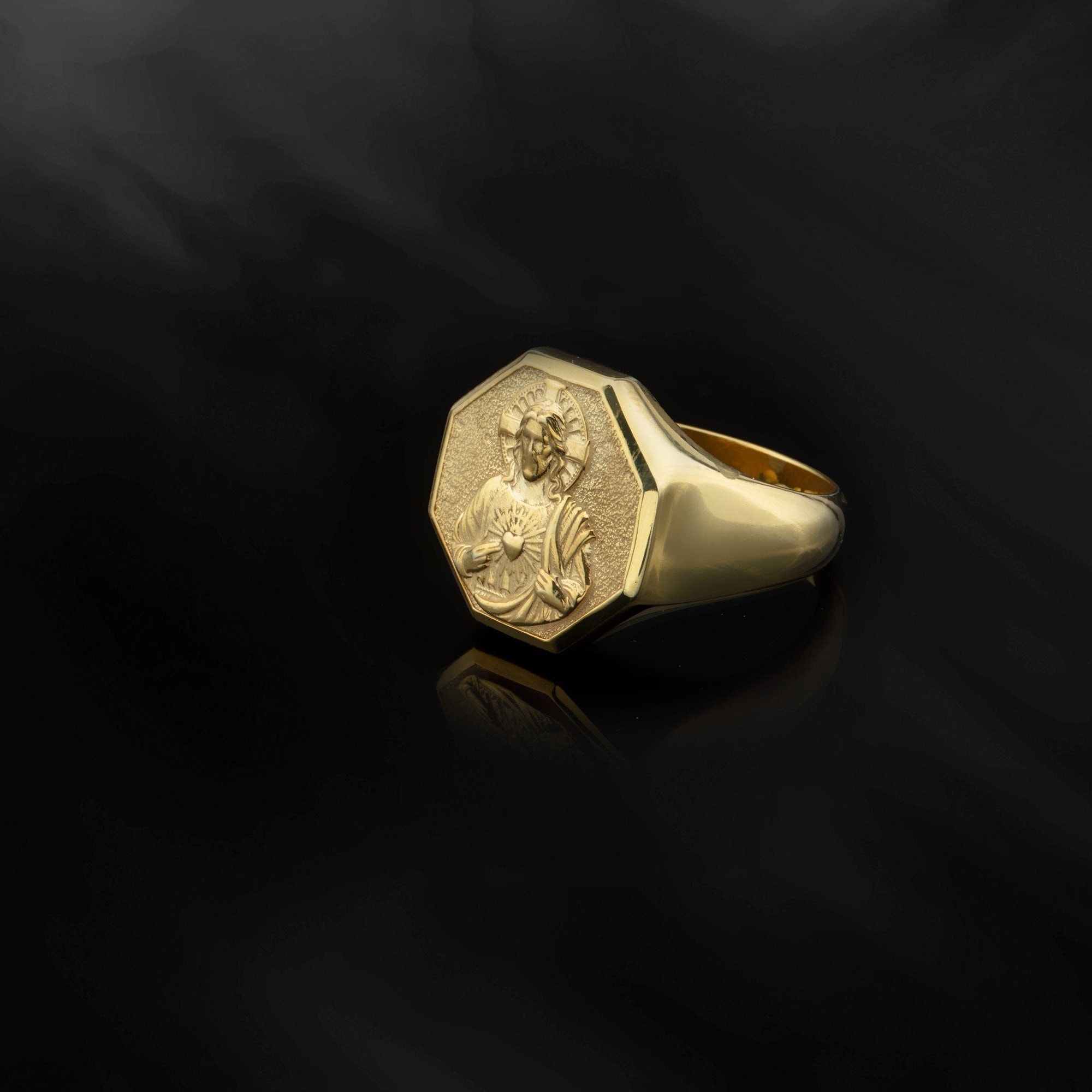 14K Gold Sacred Heart Jesus Ring, Personalized Gifts, Cross Rings For Men, Religious Jewelry, 18K Crucifix Ring, Unique Gift For Fathers Day