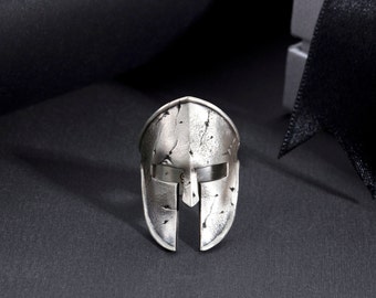 Sterling Silver Spartan Helmet Ring, Engraved Greek Warrior Jewelry