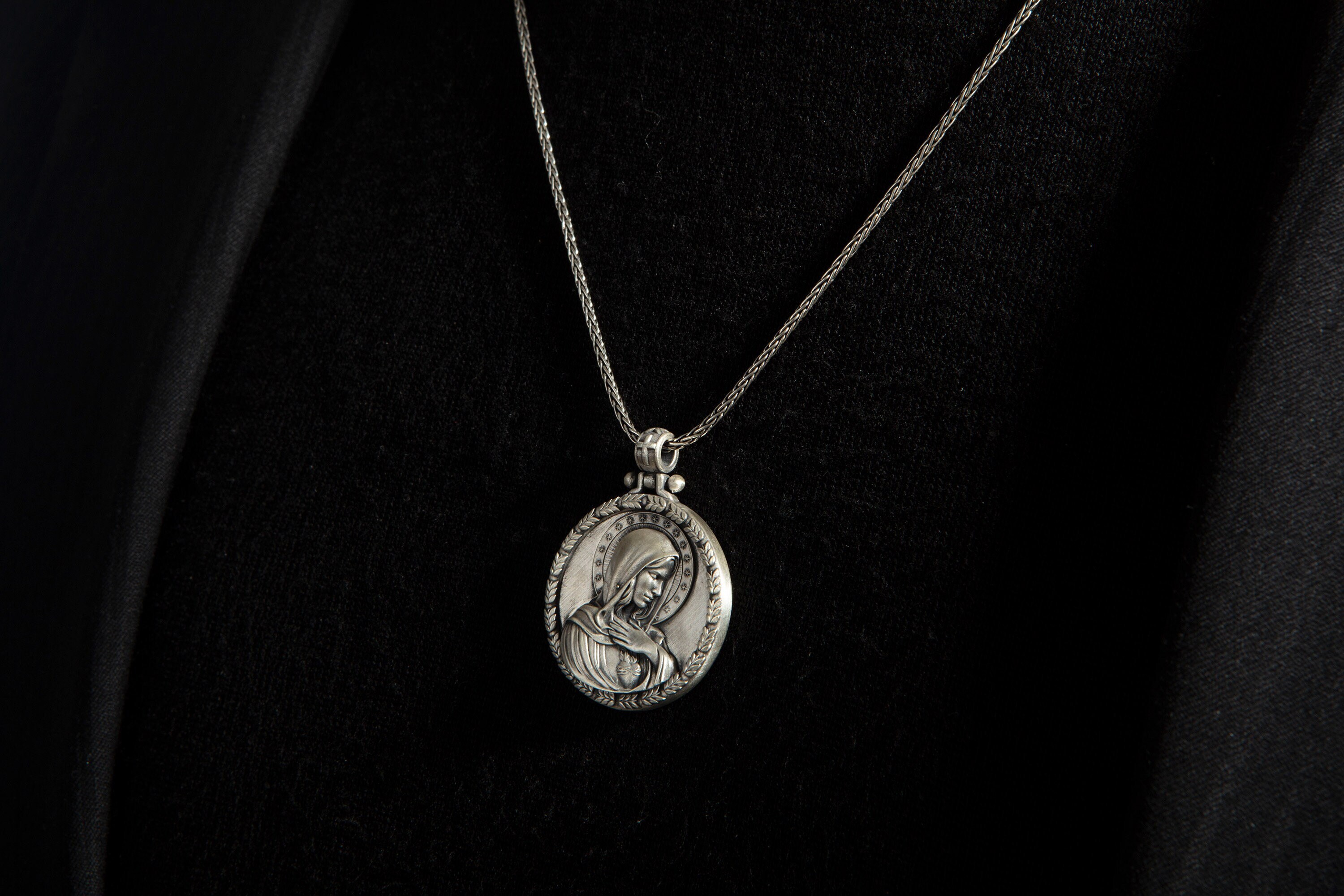 Sterling Silver Virgin Mary Necklace, Engraved Religious Pendant - Etsy