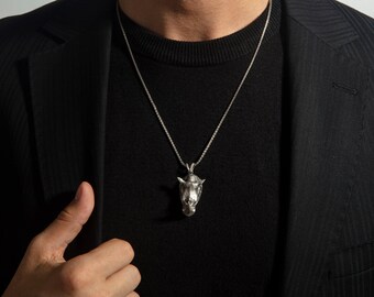Sterling Silver Rhino Necklace, Horned Rhino Head Pendant