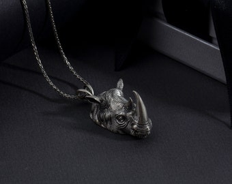 Sterling Silver Rhino Necklace, Horned Rhino Head Pendant