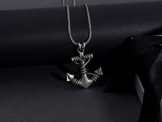 Sterling Silver Anchor Necklace, Sapphire Nautical Pendant