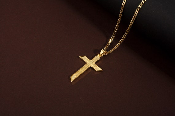 18K Gold Modern Cross Necklaces, 14K Gold Crucifix Pendant With