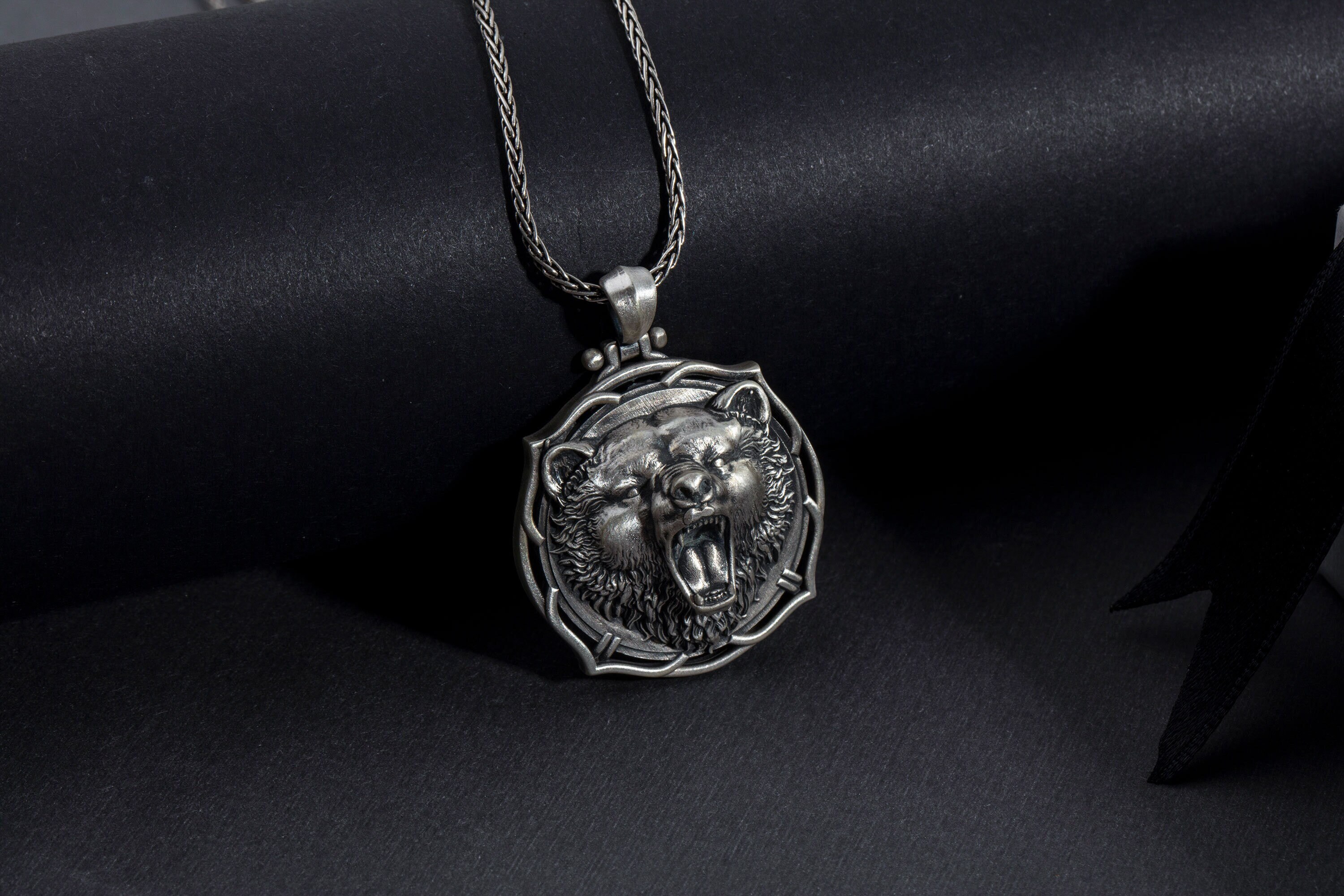 ◇BLACKPURPLE◇ Happy Bear Necklace Silver 925 Sterling Silver Panda Bear Necklace Pendant Black
