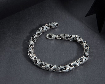 Silver Cross Pattern Chain Bracelets, Oxidized Silver Link Chain Bracelets For Men, Unique Crucifix Bracelets, Unique Gift For Fathers Day