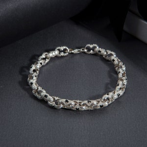 Sterling Silver Chunky Chain Bracelets, Handmade Byzantine Link Chain Bracelet, Black Diamond Bracelet For Men, Unique Gift For Fathers Day
