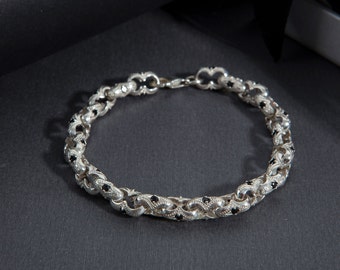 Sterling Silver Chunky Chain Bracelets, Handmade Byzantine Link Chain Bracelet, Black Diamond Bracelet For Men, Unique Gift For Fathers Day