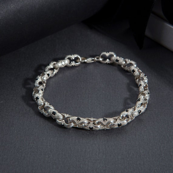 Sterling Silver Chunky Chain Bracelets, Handmade Byzantine Link Chain  Bracelet, Black Diamond Bracelet For Men, Unique Gift For Fathers Day