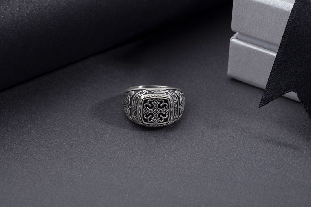 Sterling Silver Cross Rings for Men, 925 Silver Black Onyx Ring, Pinky