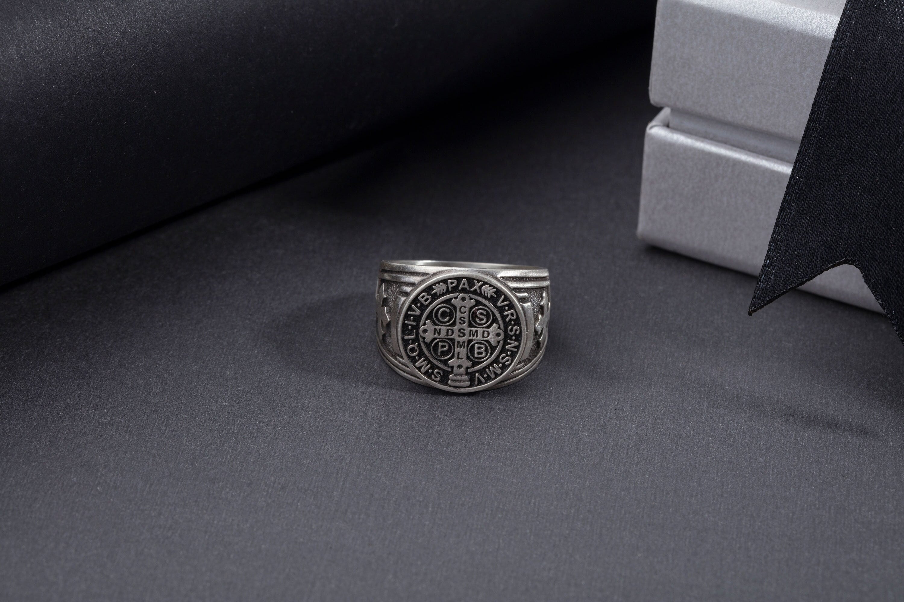 St Benedict Medal Cross Rings, Oxidized 925 Silver Saint Benedict Ring For Men, Religious Catholic Men's Rings, Unique Gift For Fathers Day