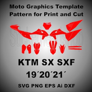 以下が含まれることがあります： KTM SX SXF 19' 20' 21' モデル用の赤いオートバイグラフィックテンプレート。テンプレートには、オートバイのさまざまな部分に対応するさまざまな形状とサイズが含まれています。テンプレートは、SVG、PNG、EPS、Ai、DXF 形式で入手できます。