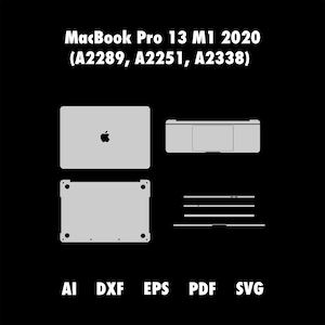 以下が含まれることがあります： MacBook Pro 13 M1 2020 (A2289、A2251、A2338) 用のラップトップスキン用のデジタルファイルダウンロード。ファイルは AI、DXF、EPS、PDF、SVG 形式で入手できます。
