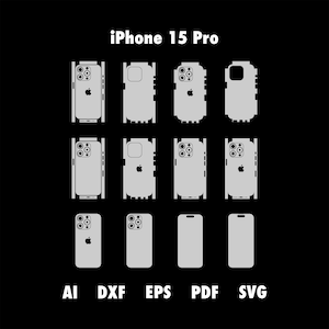 Puede incluir: Un conjunto de nueve archivos vectoriales para un diseño de funda para iPhone 15 Pro en formatos AI, DXF, EPS, PDF y SVG. El diseño presenta un contorno simple del teléfono con una protuberancia de cámara y el logotipo de Apple.