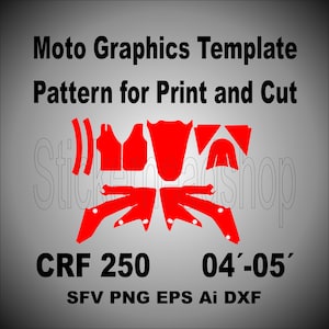 Könnte beinhalten: Rotes Motorrad-Grafik-Template für eine CRF 250, Baujahre 2004-2005. Die Vorlage enthält eine Vielzahl von Formen und Designs, darunter eine große Zahl "250" an der Seite des Motorrads. Die Vorlage ist in den Formaten SFV, PNG, EPS, AI und DXF verfügbar.