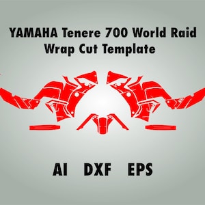 Può includere: Modello di taglio di wrap per moto Yamaha Ténéré 700 World Raid di colore rosso. Il modello è disponibile nei formati AI, DXF ed EPS.